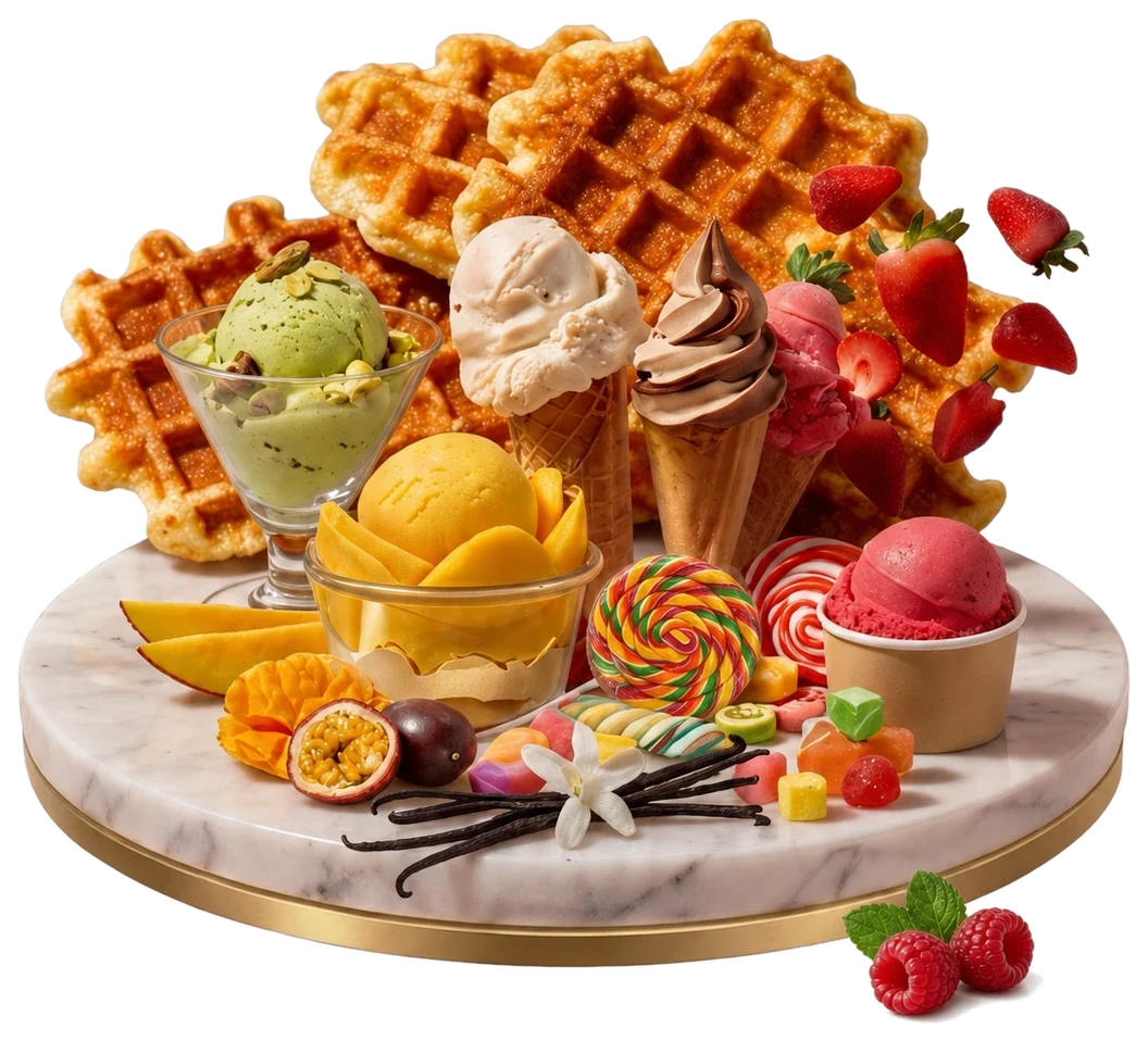 Composition de glaces artisanales, sorbets, gaufres et confiseries de La Lichouserie